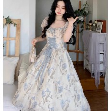 批发梦境鸢尾气质浪漫印花系带收腰方领长款连衣裙2065夏季收腰显瘦