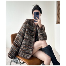 批发咖色轻奢条纹渐变小香风外套女秋2025新款美式氛围感chic百搭上衣