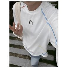 批发成品 原版做法纯棉220克19支食毛+手感不规则五线印花长袖T恤