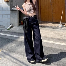 批发深蓝色复古阔腿<b class='q'>牛仔裤</b>女2025新款高腰显瘦垂感宽松百搭拖地直筒裤