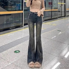 批发做旧毛边流苏弹力微喇叭牛仔<b class='q'>裤</b>女2025年春季<b class='q'>修身</b>显瘦减龄大码女装