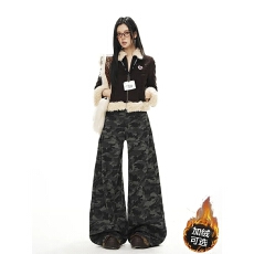 批发加长加绒版<b class='q'>迷彩</b>阔腿牛仔<b class='q'>裤</b>女秋冬高街高腰百搭显瘦宽松休闲拖地<b class='q'>裤</b>