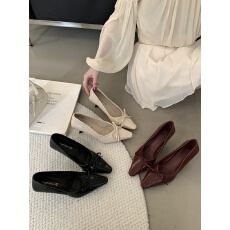 批发2026爆款小方头高跟法式蝴蝶结