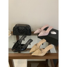 批发法式碎花蝴蝶结尖头细跟包头拖鞋女气质百搭高跟鞋