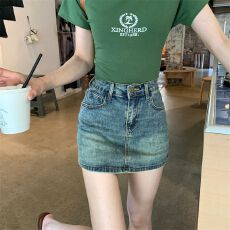 批发实拍 高腰弹力复古牛仔裙a字裙女防走光辣妹包臀牛仔短裙