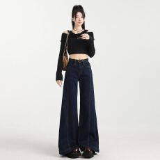 批发美式浅蓝宽松阔腿牛仔<b class='q'>裤</b>女春秋<b class='q'>大</b>码胖mm复古高腰垂感拖地梧桐<b class='q'>裤</b>子