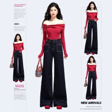 批发【丹宁色喇叭裙裤】弹力阔腿喇叭裙裤高腰显瘦<b class='q'>拖地</b>长裤