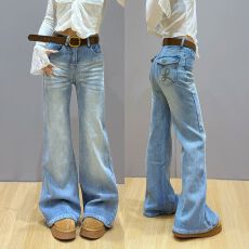 批发浅蓝色微喇牛仔裤女2026年春季高腰宽松不贴腿喇叭<b class='q'>裤子</b>