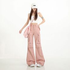 批发潮酷纯棉工装休闲微喇牛仔裤女宽松贴袋<b class='q'>时尚</b>解构拼接不贴腿喇叭裤