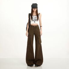 批发潮酷纯棉工装休闲微喇牛仔裤女宽松贴袋<b class='q'>时尚</b>解构拼接不贴腿喇叭裤