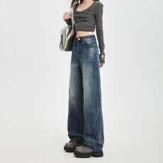 批发重工弹力直筒牛仔<b class='q'>裤</b>女宽松扎染窄阔<b class='q'>修身</b>休闲软牛仔秋冬新款DG