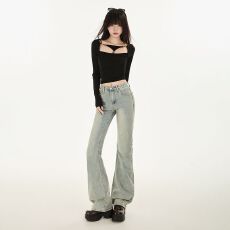 批发超柔水洗蓝美式怀旧微喇叭牛仔<b class='q'>裤</b>女春季新款高腰显瘦弹力喇叭<b class='q'>裤</b>