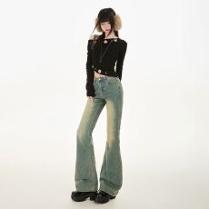 批发超柔水洗蓝美式怀旧微喇叭牛仔<b class='q'>裤</b>女春季新款高腰显瘦弹力喇叭<b class='q'>裤</b>