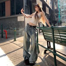 批发潮流指南｜小众拼接设计｜韩式休闲icon｜春夏浅色阔腿<b class='q'>牛仔</b>