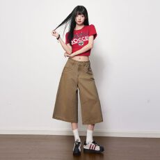 批发卡其色宽松高腰纯棉八分裤女2026夏季新款美式休闲显瘦百搭中裤