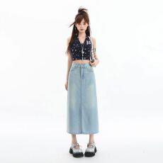 批发垂感天丝牛仔半身裙女2026春季新品薄款梨形显瘦a字开叉中长裙