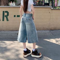 批发美式宽松七分牛仔裤女夏季个性设计宽松阔腿高街小个子直筒中裤女