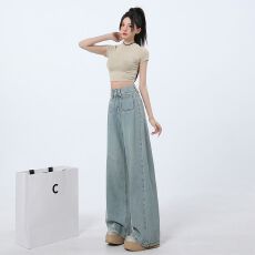 批发浅色高腰<b class='q'>大</b>阔腿牛仔<b class='q'>裤</b>女2026春夏款梨形身材宽松直筒拖地<b class='q'>裤</b>
