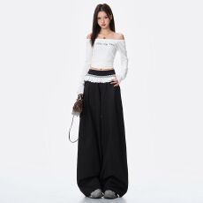 批发2026新款百搭黑色<b class='q'>蕾丝</b><b class='q'>西装</b>裤女美式高腰花边宽松直筒垂感休闲长裤