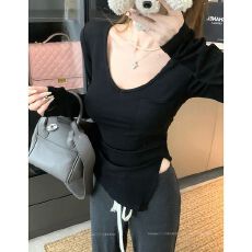 批发<b class='q'>莫代尔</b>人棉不规则开叉长袖T恤女修身显瘦辣妹别致打底衫