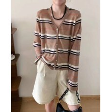 批发竹节麻针织开衫女2025新款夏季韩系穿搭高级感条纹<b class='q'>防晒</b>上衣罩衫