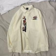 批发蓝色趣味卡通长袖衬衫女2025秋季新款宽松bf美式<b class='q'>街头</b>潮牌情侣上衣