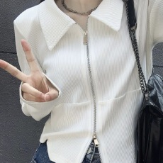 批发2026春秋季新款薄款长袖打底衫修身显瘦白色polo翻领双拉链开衫女