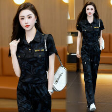 批发广场<b class='q'>演出服</b>水兵舞迷彩女士宽松POLO领t恤2025年休闲大码短袖工装