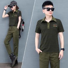 批发迷彩服短袖女夏季新款情侣装<b class='q'>男</b>士条纹翻领<b class='q'>polo</b><b class='q'>衫</b>半袖上衣休闲套装