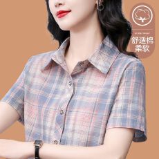 批发格<b class='q'>子</b>短袖衬衫女夏薄款2025新款中年妈妈洋气减龄上衣时尚休闲衬衣