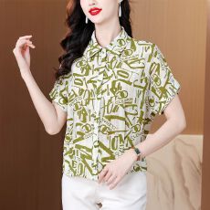批发中年<b class='q'>妈妈装</b><b class='q'>夏装</b>翻领印花短袖衬衫女士夏天开衫衬衣落肩袖宽松上衣