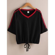 批发休闲风拼接短款T恤女夏百搭欧美V领宽松显瘦<b class='q'>短袖</b>大码<b class='q'>运动</b>爵士舞服