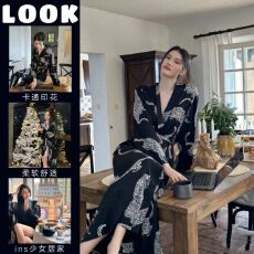 批发ins韩版高级感动物印花<b class='q'>睡裙</b>女春秋新款长袖连衣裙可外穿睡袍长裙
