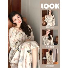 批发法式甜美蝴蝶结印花长袖睡衣女<b class='q'>春</b>秋款新款网红睡裙家居服连衣裙子