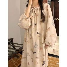 批发睡裙女<b class='q'>春</b>秋季长袖中长款韩版甜美宽松美拉德蝴蝶睡衣家居服可外穿