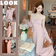 批发带胸垫睡衣女款春秋长袖女家居服甜辣吊带<b class='q'>上衣</b>长裤三件套装可外穿