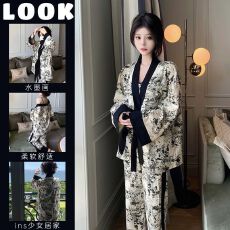 批发新中式水墨印花<b class='q'>睡衣</b>女网红风夏款新款开衫高级感吊带长裤<b class='q'>三件套</b>装