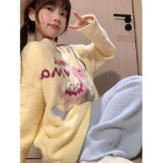 批发可爱木马半边绒黄色睡衣女生秋冬季新款半边绒家居服加厚保暖套装