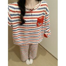 批发<b class='q'>韩国</b>甜美条纹蕾丝领睡衣女秋冬新款加厚半边绒保暖舒适家居服套装