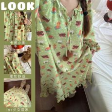 批发韩版长袖睡衣女春秋款新款网红大码可爱小狗印花睡裙家居服连衣裙