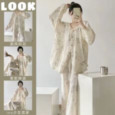 批发新中式国风<b class='q'>棉</b>纱<b class='q'>睡衣</b>女款秋季2025新款简约高级感家居服套装可外穿