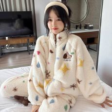 甜美可爱波点小狗拉链珊瑚绒睡衣女冬季保暖加厚家居服套装可外穿