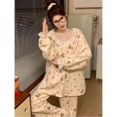 批发可爱卡通睡衣女秋冬季甜美花边圆领加厚空气棉保暖家居服套装