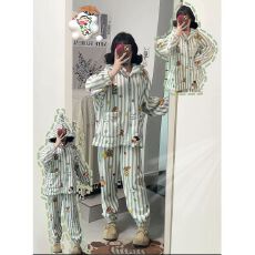 日系卡通睡衣女冬天法兰绒连帽加厚拉链长袖长裤家居服套装