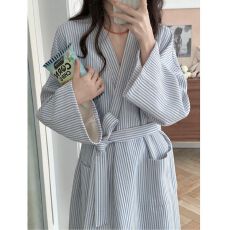 2025年睡袍女秋冬季新款加厚空气夹棉日系简约条纹浴袍睡衣家居服