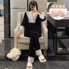 纯欲风睡衣女夏季冰丝螺纹高级感黑色性感蕾丝七分长袖夏天家居服