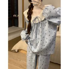 批发韩系ins风蓝色蝴蝶结印花睡衣女春秋季2025年新款套装女款家居服