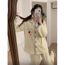 批发甜美番茄云朵棉睡衣女春秋季2026新款<b class='q'>格子</b>纹长袖长<b class='q'>裤</b>家居服套装