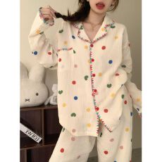 批发甜美日系彩色波点睡衣女2026新款长袖长裤春秋季云朵棉家居服套装