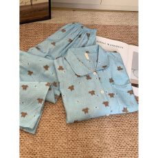 批发甜美<b class='q'>小熊</b>星星印花云朵棉睡衣女开衫长袖长裤可爱家居服套装可外穿